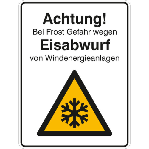 panneau indicateur SafetyMarking®, « Attention ! En période de gel Danger de projection de glace par les éoliennes »