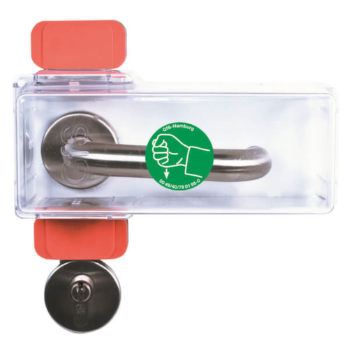 kit de capots de protection de poignée de porte d'issue de secours GfS Typ K, 1 capot, 2 sous-plaques vertes, 6 surplaques rouges, 2 équerres de fixation, 2 embouts, 1 pictogramme, 4 vis