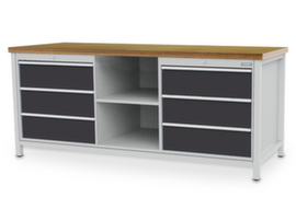 Bedrunka + Hirth établi avec panneau arrière, 6 tiroirs, 2 tablettes, RAL7035 gris clair/RAL7016 gris anthracite
