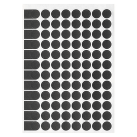 Pastille noire adhésif permanent en planche A5 15 mm diam