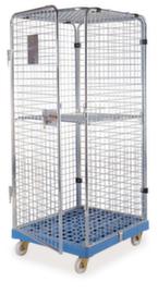 Veiligheidsrolcontainerdraagverm. 500 kglaadvl. L x B 720 x 810 mmnuttige H 1620 mm3 draadgaaswandenDeur1 legborddakverzinktplatform HDPEPP-banden