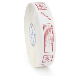 Witte machinetape bedrukt met de boodschap "SECURITY TAPE"